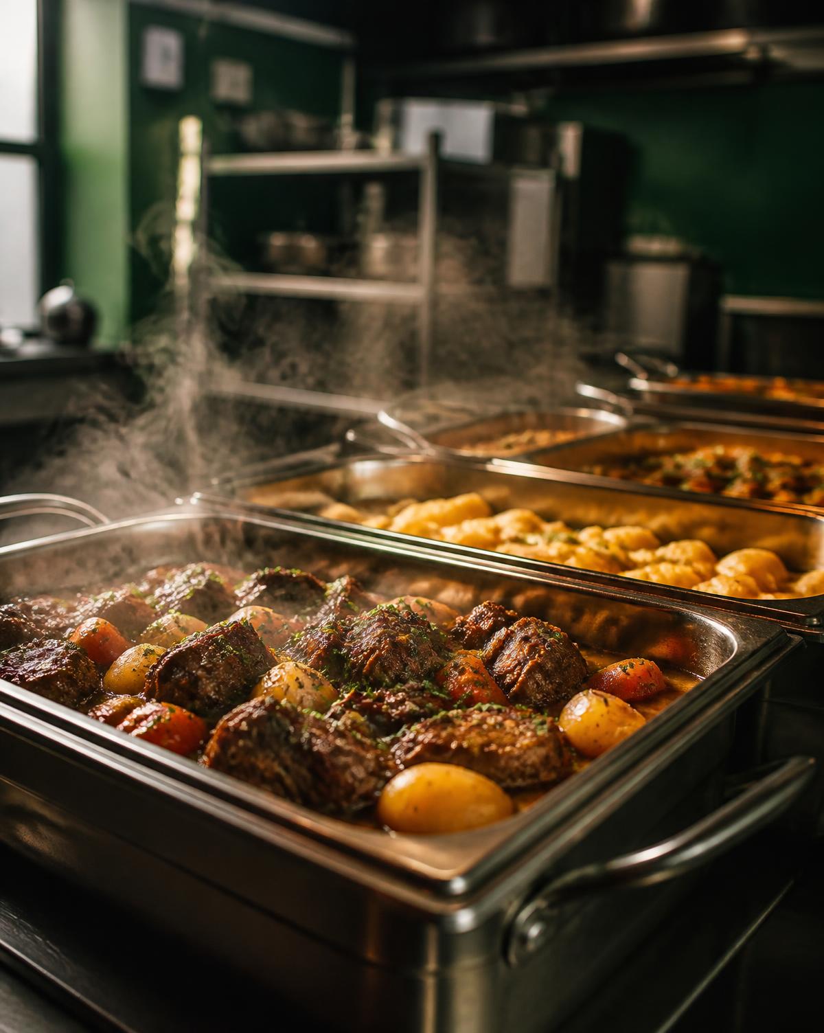 Freshly cooked hot meals in catering trays